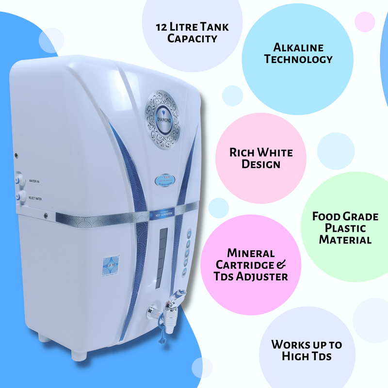 E.F.M White Diamond 12 L RO+UV+UF+TDS+MINERAL+ALK  RO Water Purifier (White)